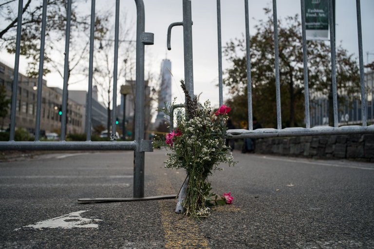 Flowers placed near the most recent NYC terrorist attack site.