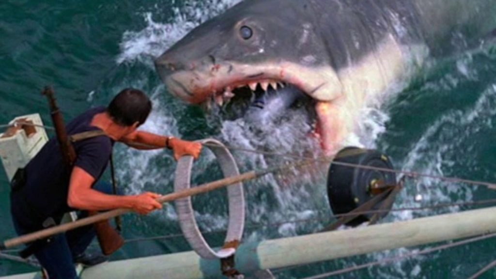 In the final scene the hero kills the shark - note the boat is gone.