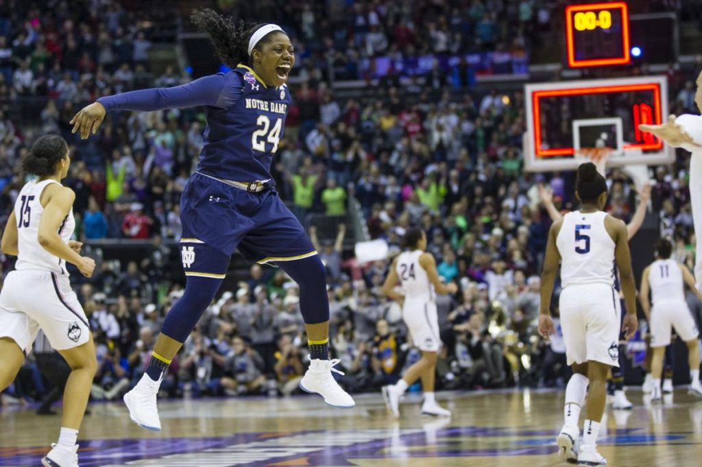 Notre Dame beat UConn on a last second shot in triple overtime.